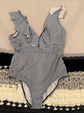 PatPat Navy and White Striped Ruffle V‑Neck One-Piece Swimsuit